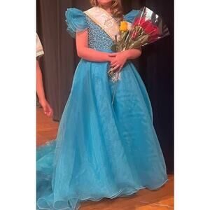 Darling bright teal OMC pageant dress w/ ruffle sleeves